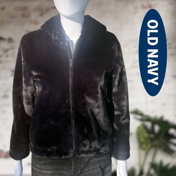 Old Navy Other - Old Navy | Girl's Faux Fur Hooded Zip-Up Jacket | Black | L | NWT